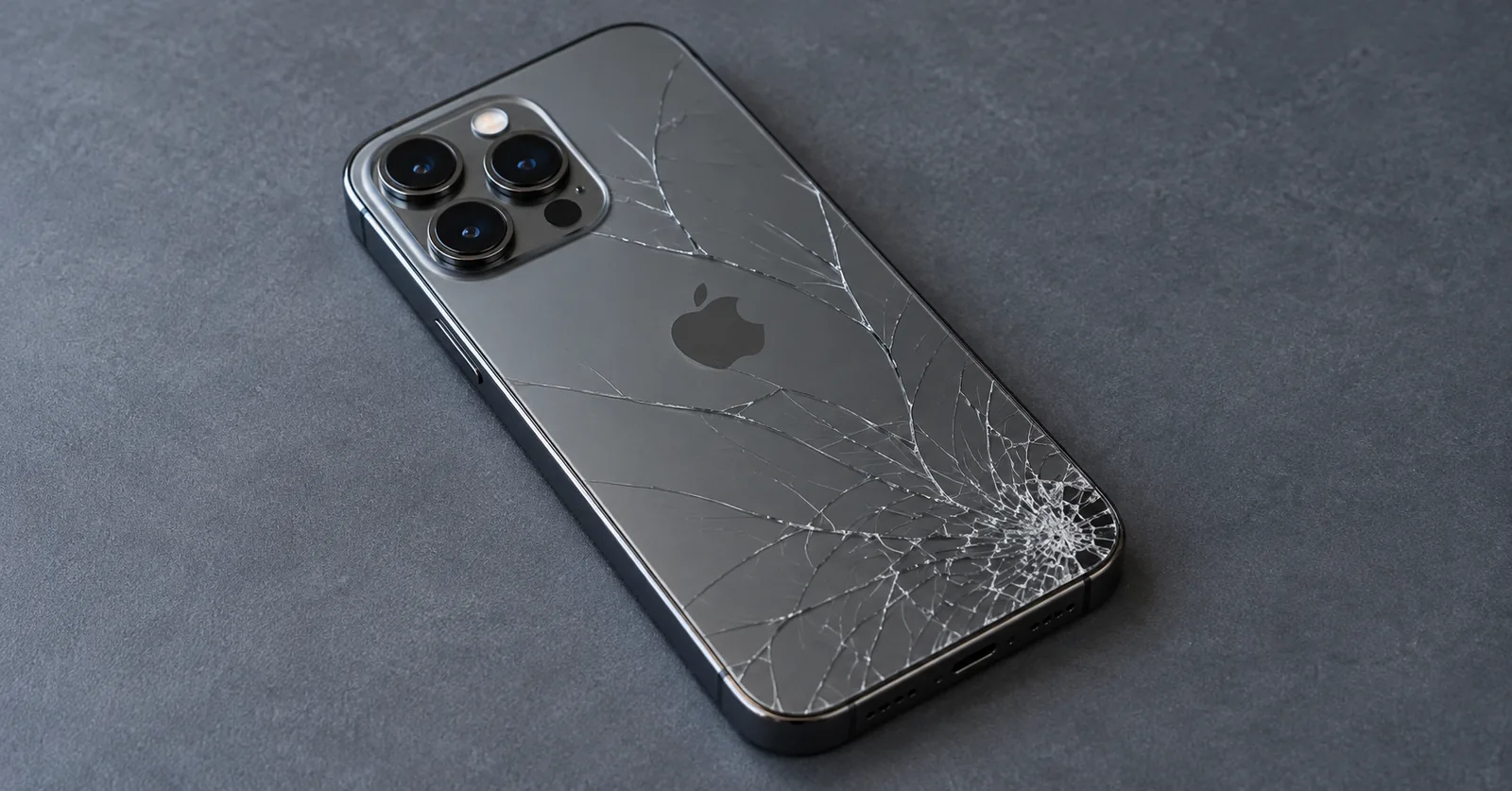 Graphite iPhone with cracked back glass on a gray repair mat